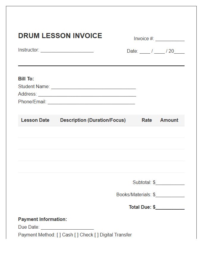 Drum Lesson Fee Invoice Template