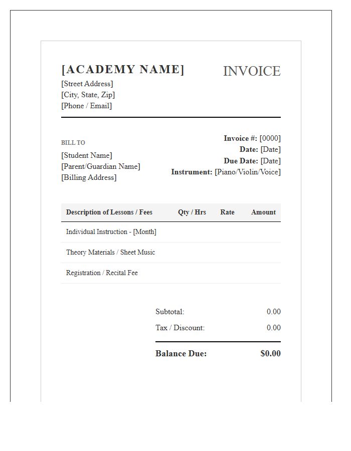 Formal Music Academy Invoice Template