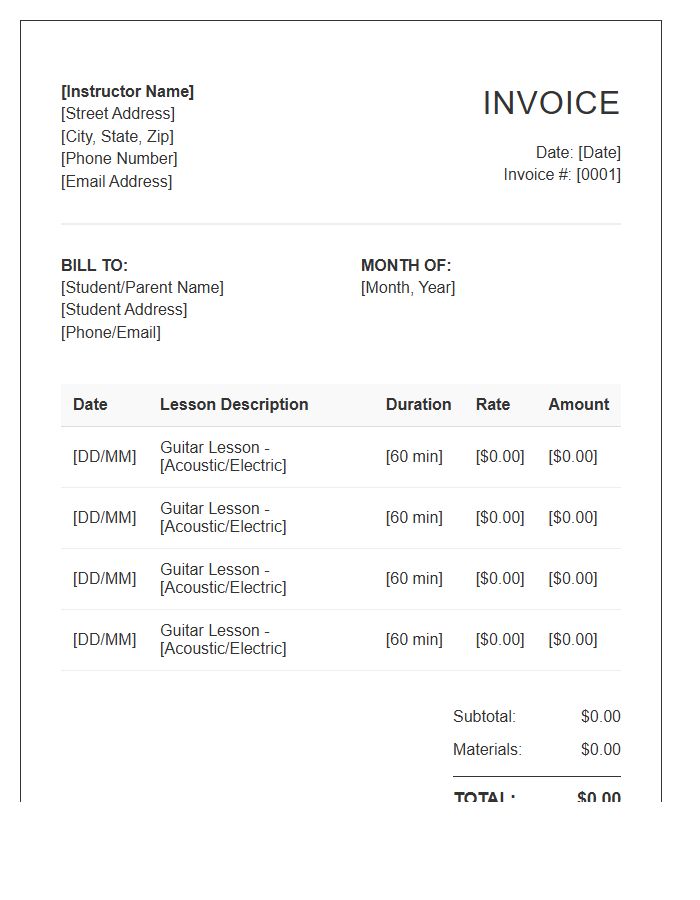 Guitar Instructor Monthly Invoice Template