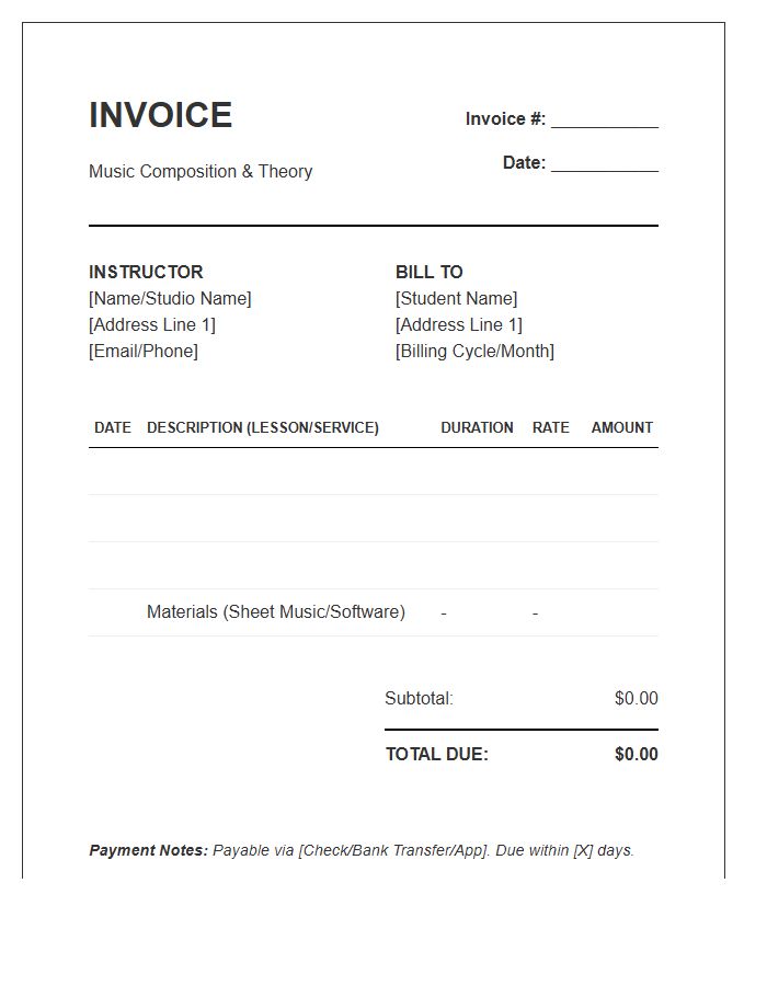 Music Composition Lesson Invoice Template