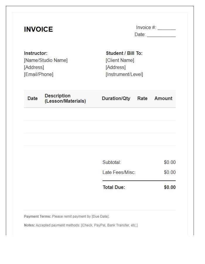 Music Theory Instruction Invoice Template