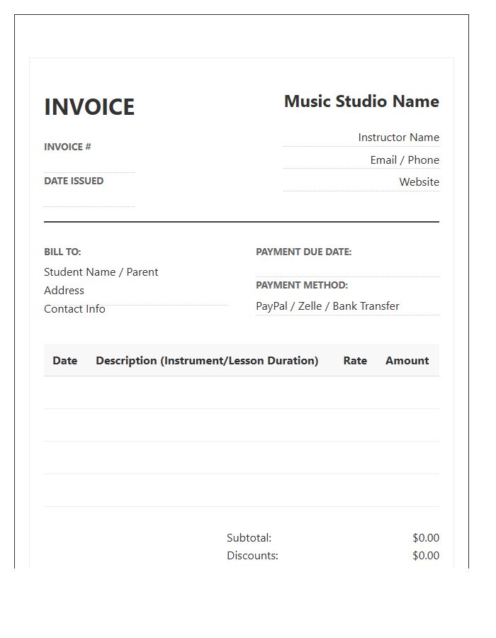 Online Music Instruction Invoice Template