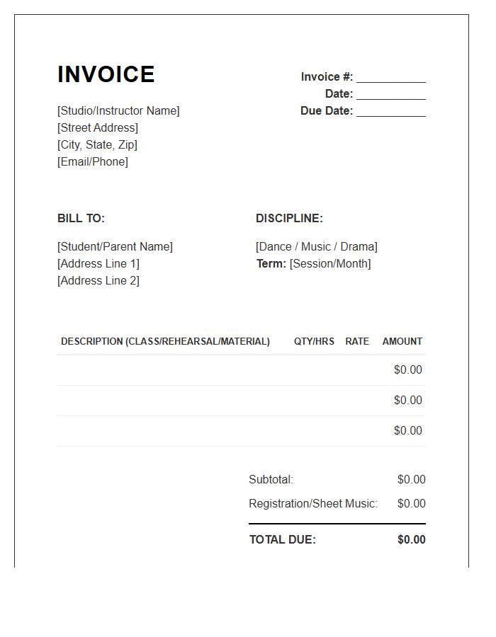 Performing Arts Instruction Invoice Template