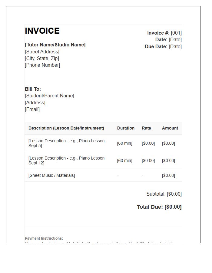 Private Music Tutor Billing Invoice Template