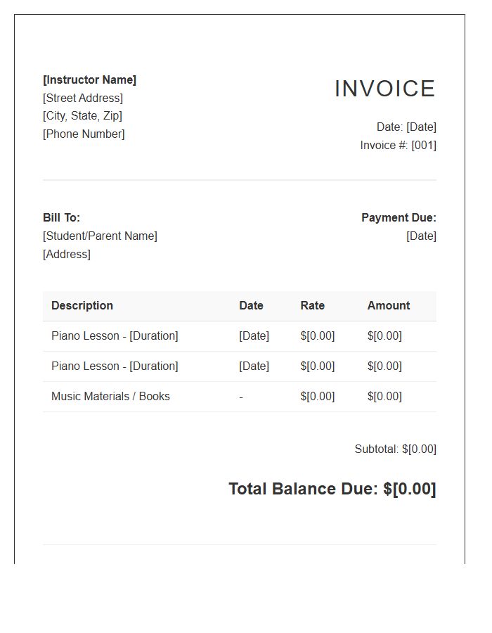 Private Piano Lesson Invoice Template