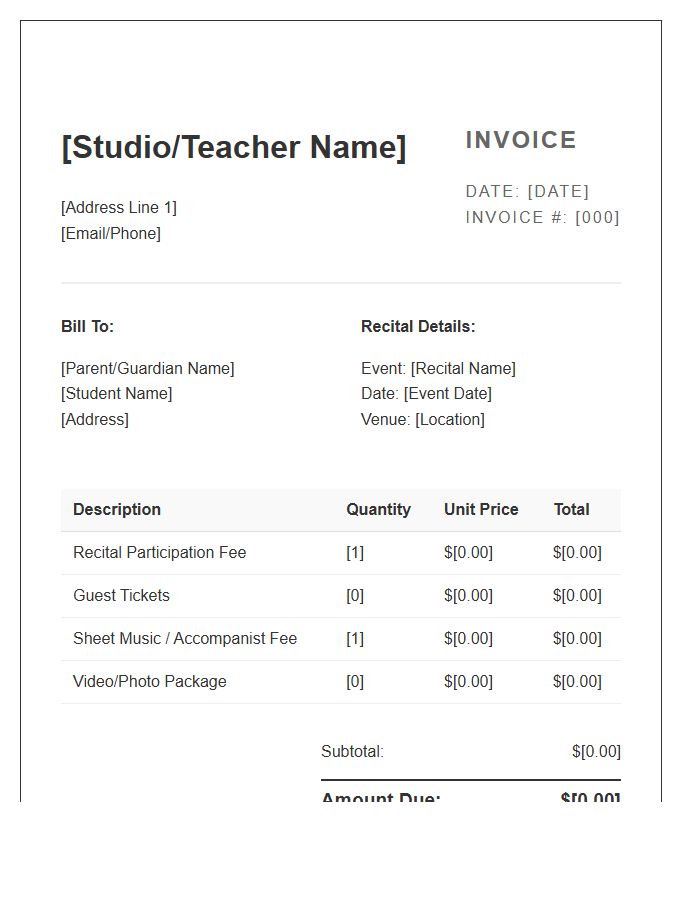 Student Music Recital Invoice Template