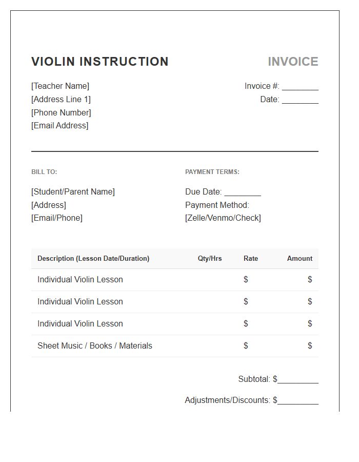 Violin Teacher Professional Invoice Template