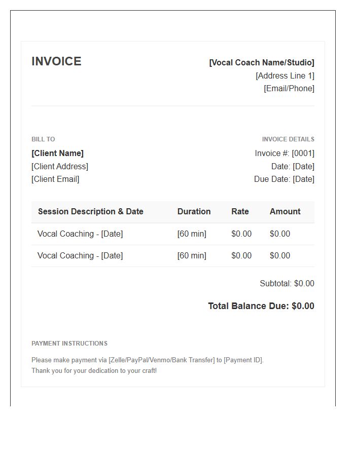 Vocal Coaching Session Invoice Template