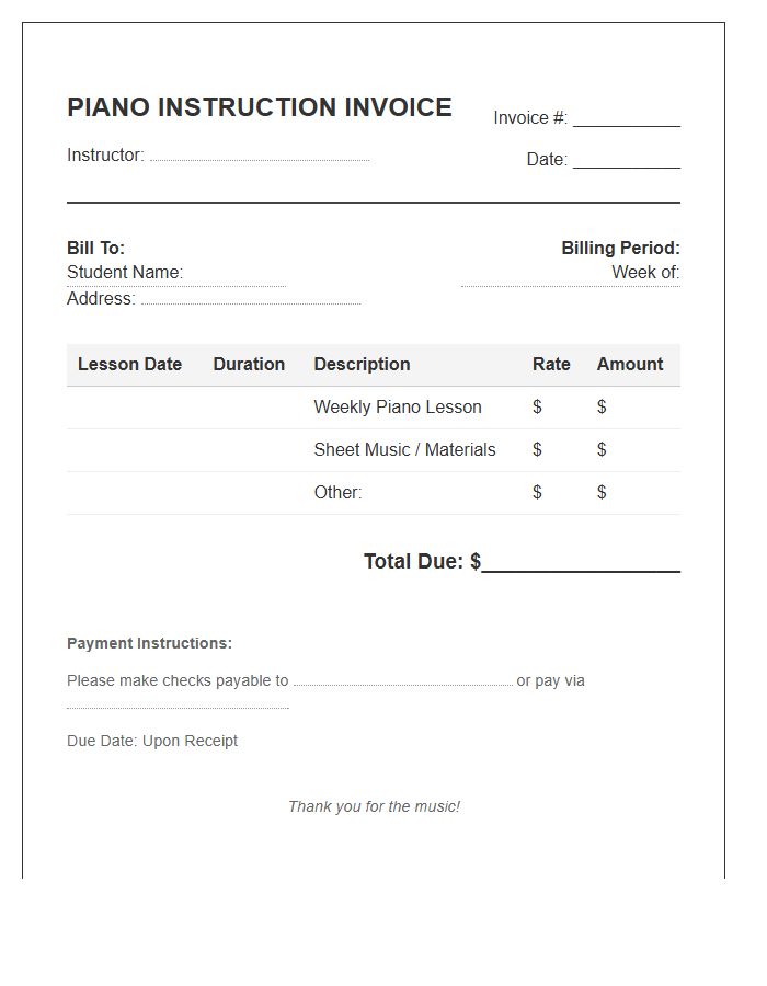 Weekly Piano Instruction Invoice Template