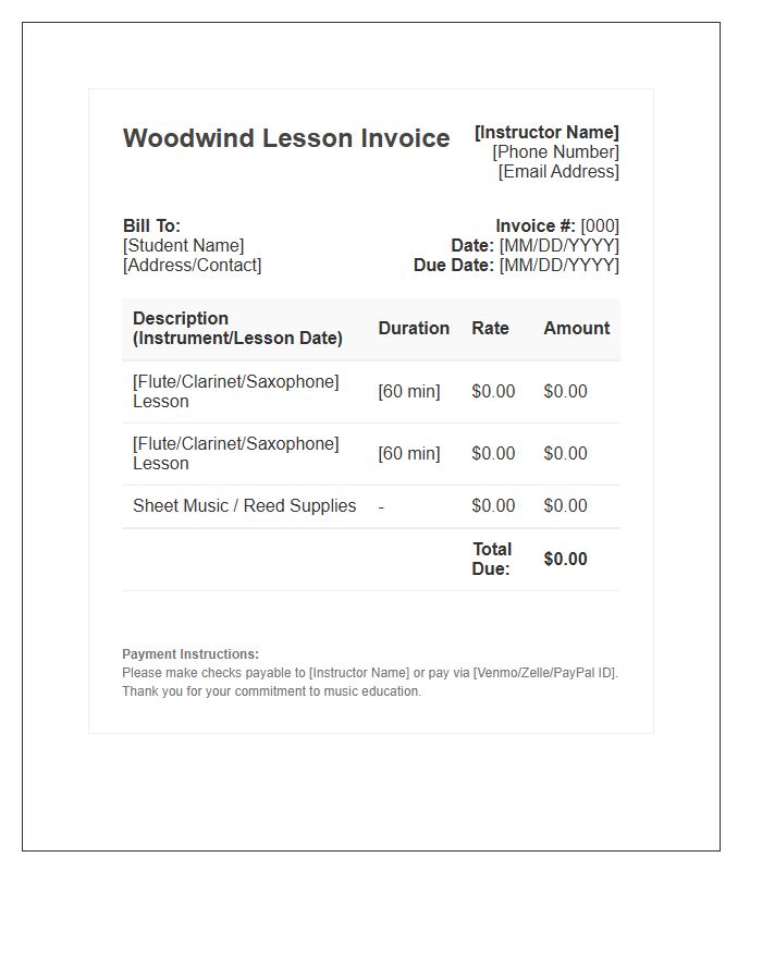 Woodwind Lesson Billing Invoice Template