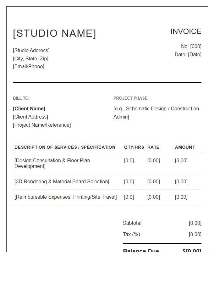 Interior Architecture Design Project Invoice Template
