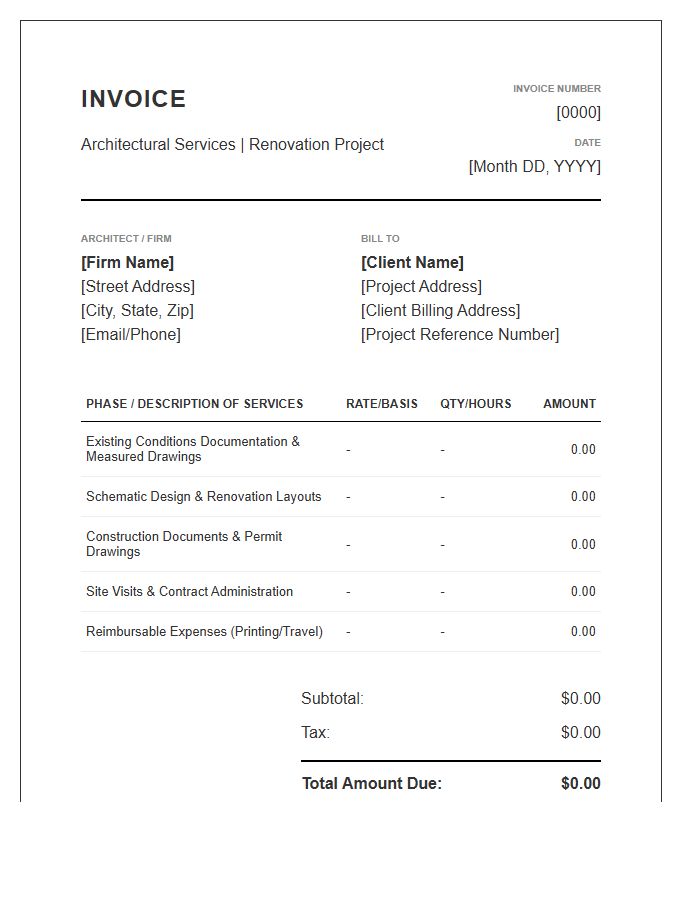 Renovation Architectural Project Billing Invoice Template
