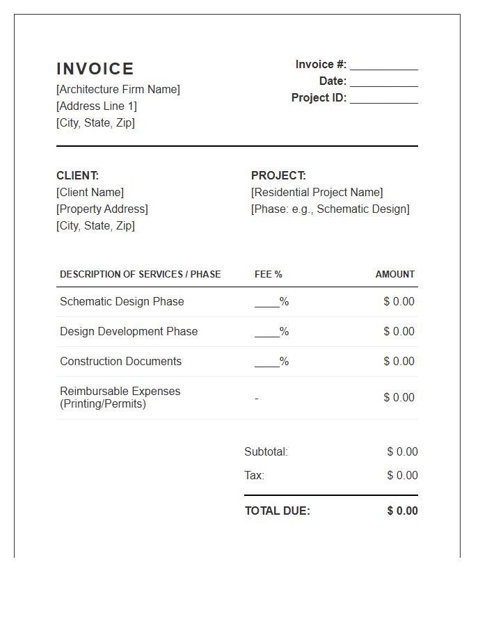 Residential Architecture Project Fee Invoice Template