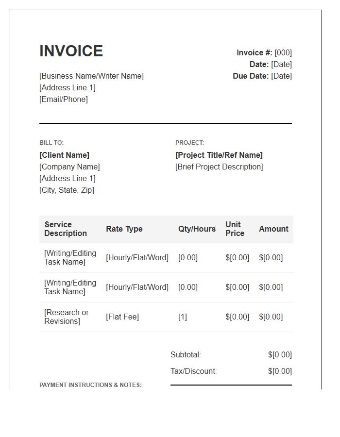 Business Writing Project Invoice Template