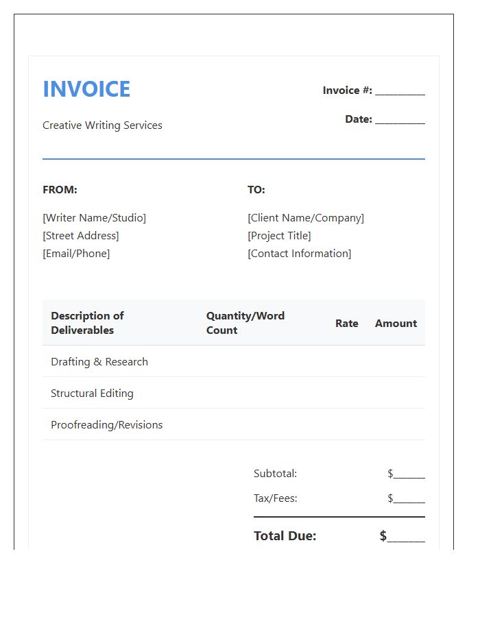 Creative Writing Project Invoice Template