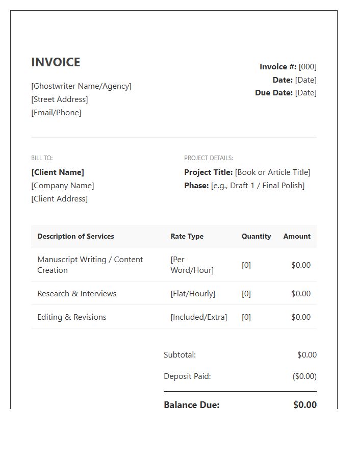 Ghostwriting Services Project Invoice Template