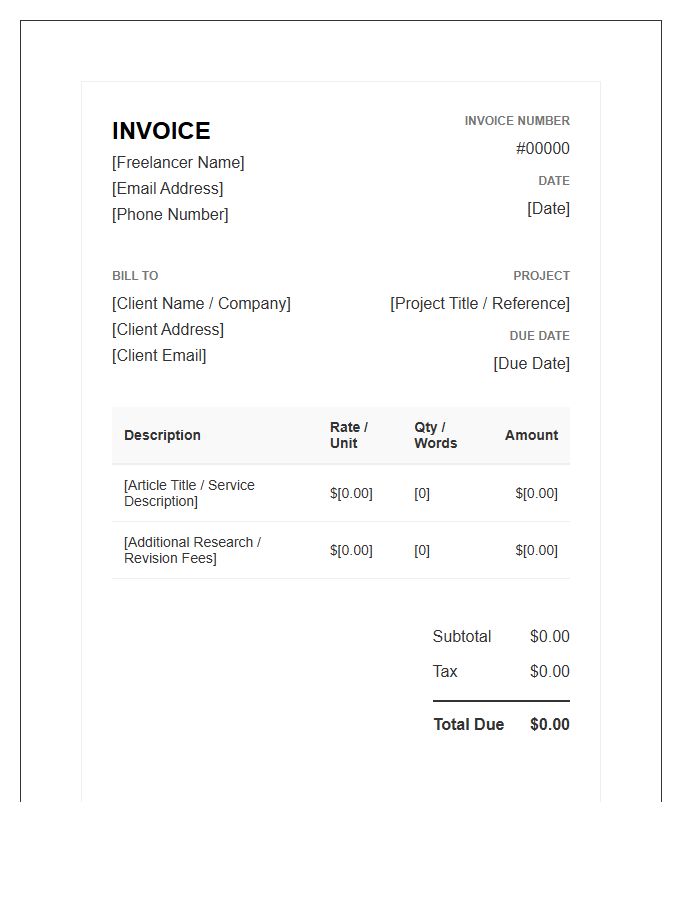 Professional Freelance Writer Project Invoice Template
