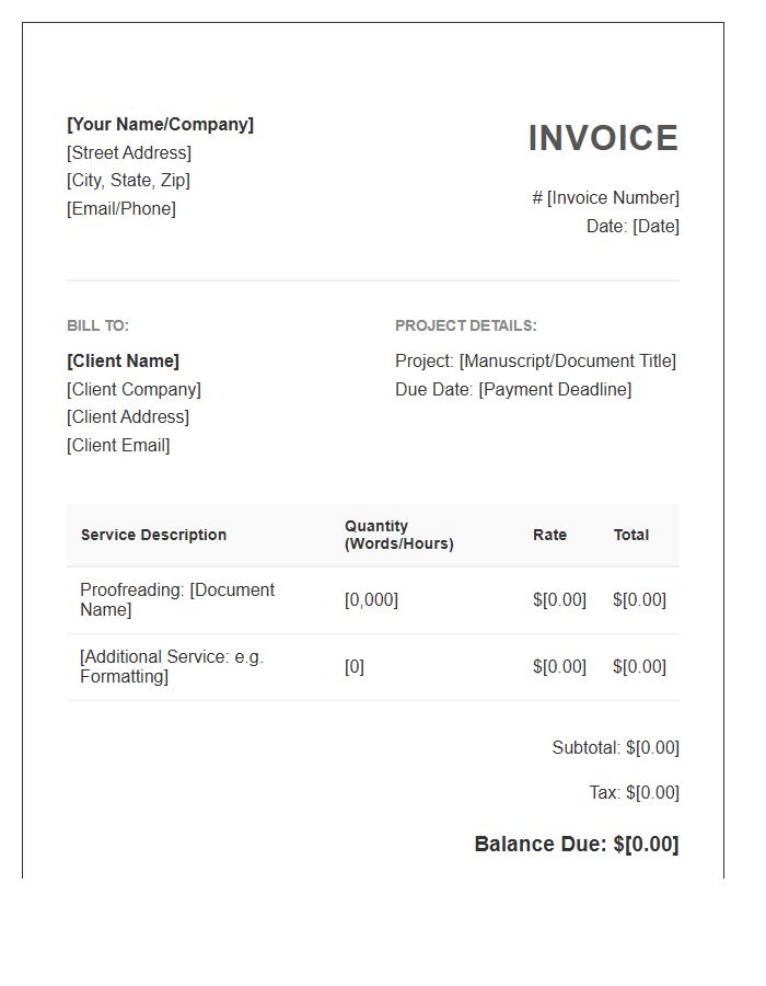 Proofreading Project Invoice Template