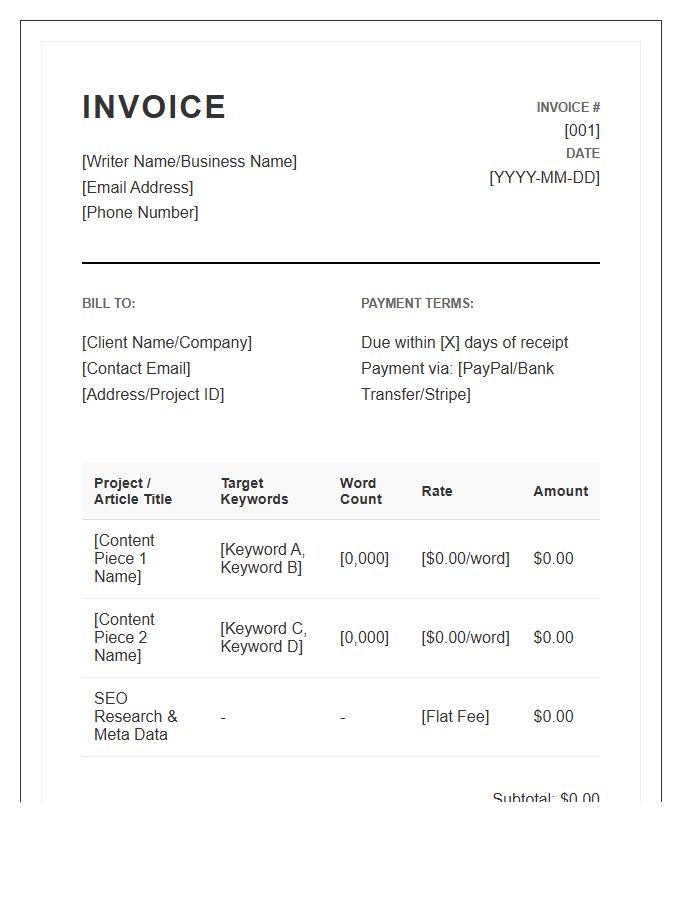 SEO Content Writer Project Invoice Template