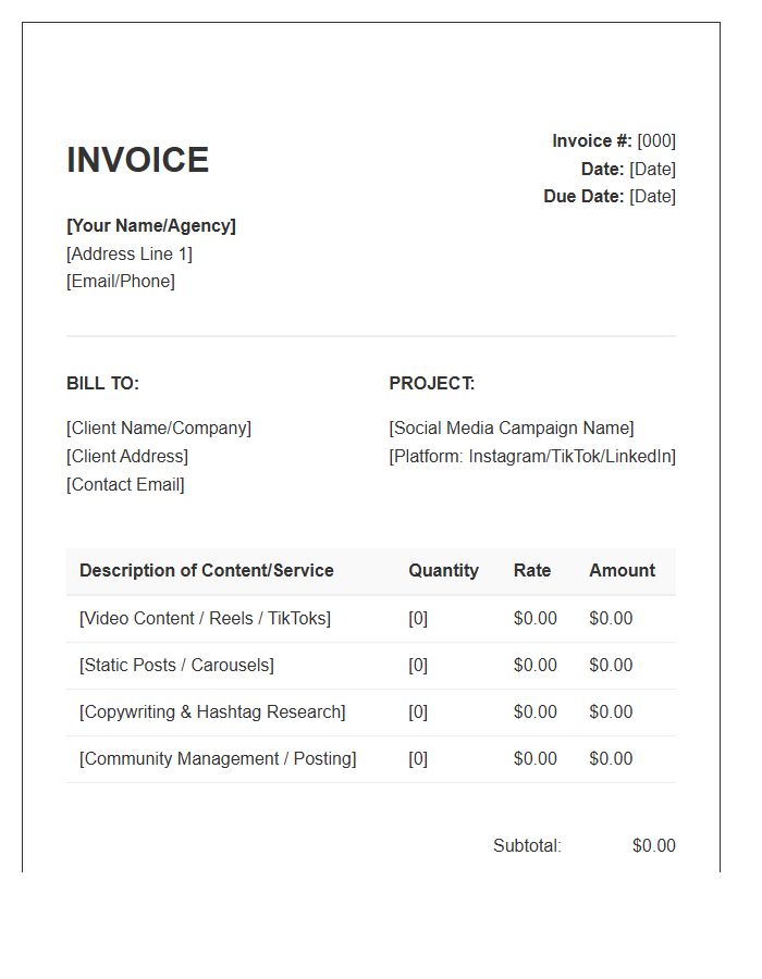 Social Media Content Project Invoice Template