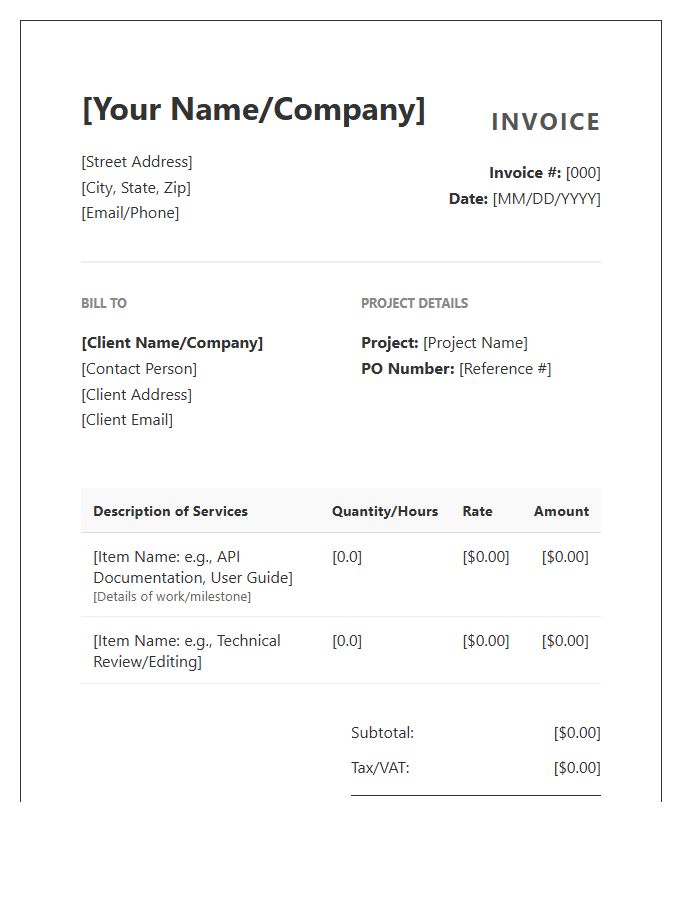 Technical Writing Project Invoice Template