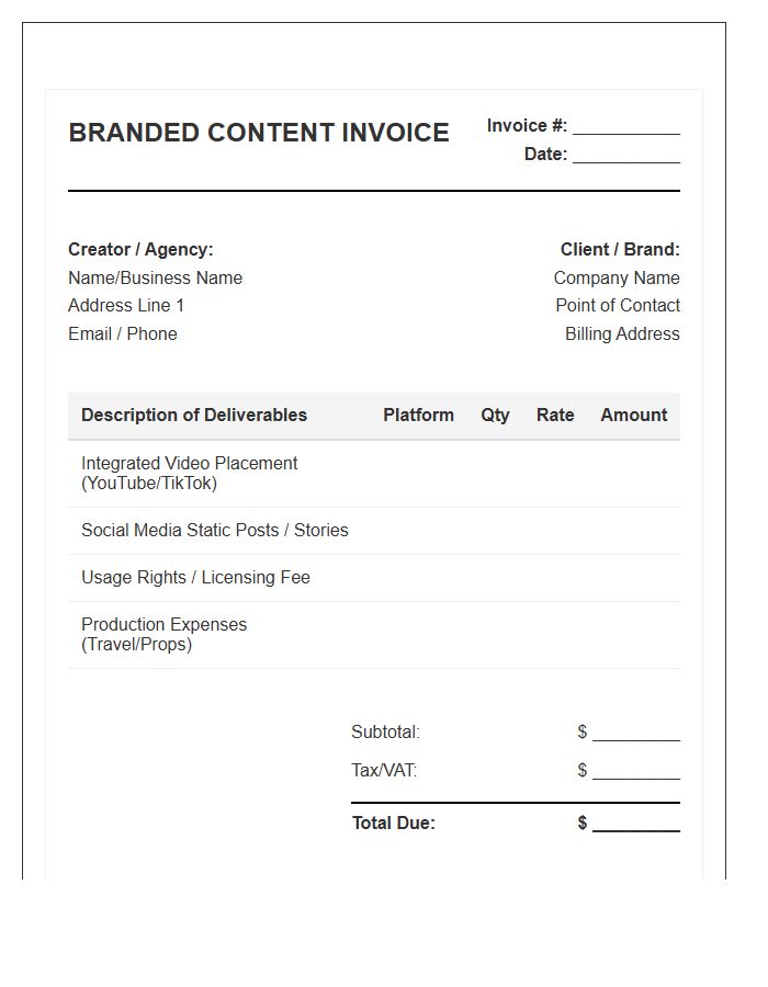 Branded Content Project Invoice Template