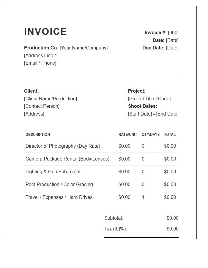 Cinematography Service Project Invoice Template