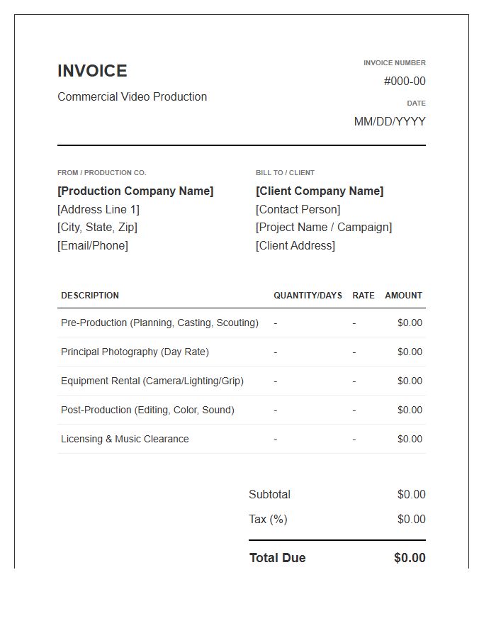 Commercial Video Shoot Project Invoice Template