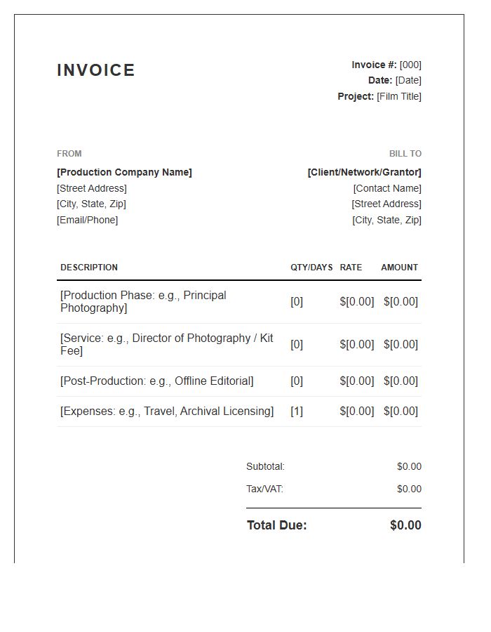 Documentary Film Project Invoice Template