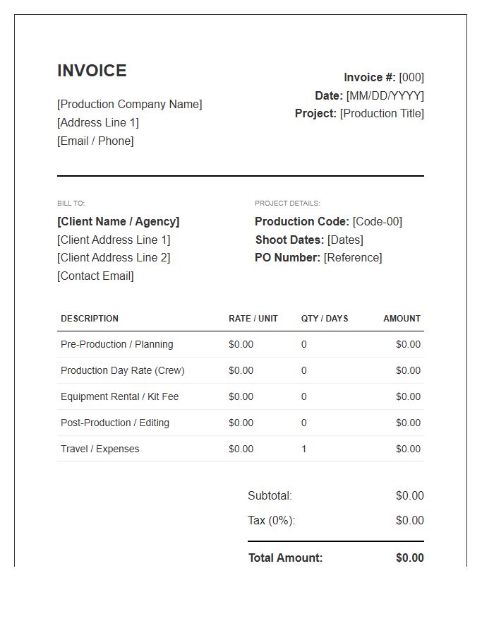 Film Production Project Invoice Template