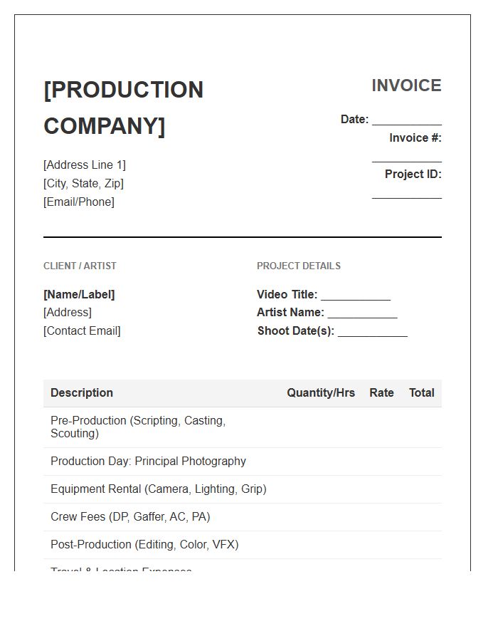 Music Video Production Project Invoice Template