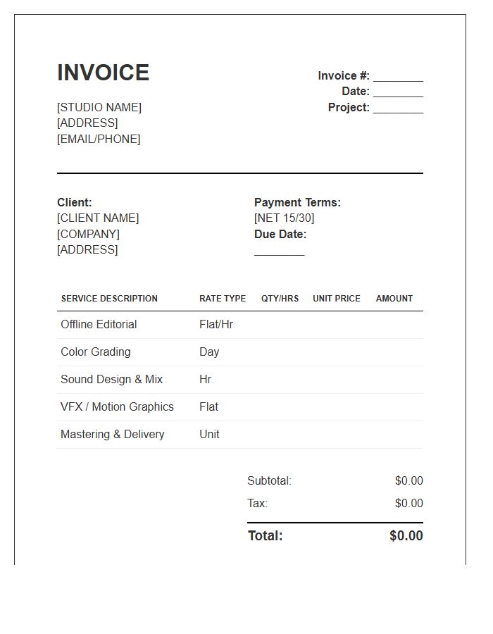 Post Production Services Project Invoice Template