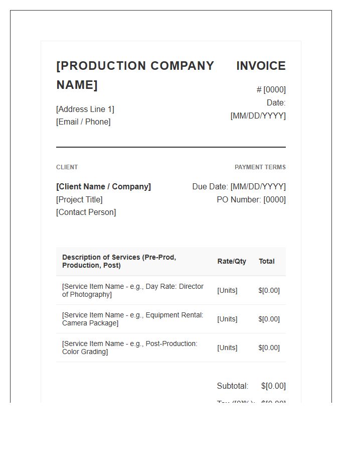 Professional Video Production Project Invoice Template