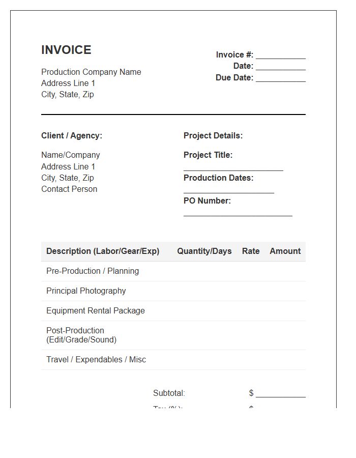 Short Film Production Project Invoice Template