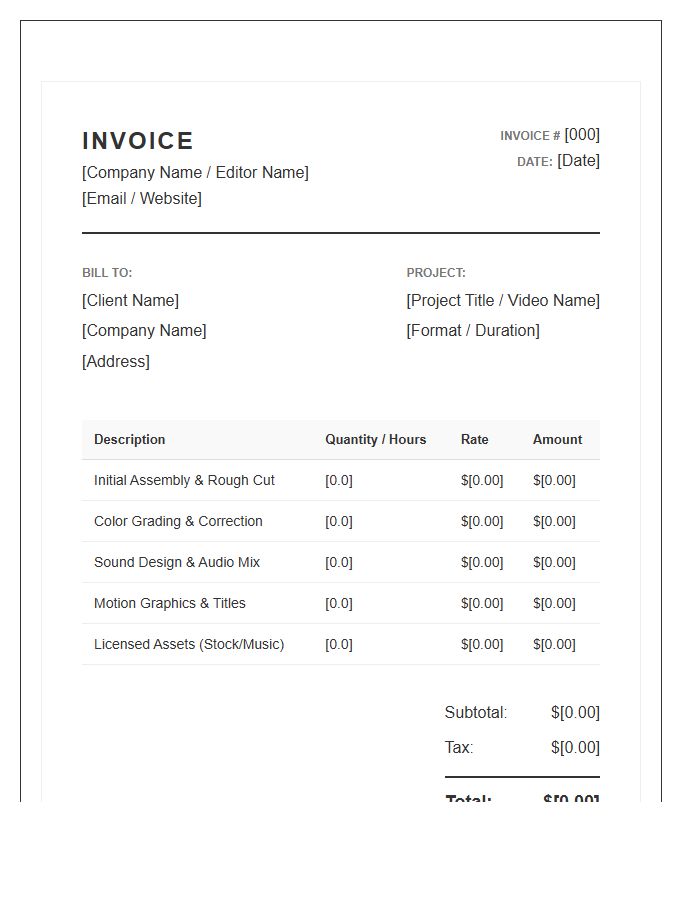 Video Editing Project Invoice Template