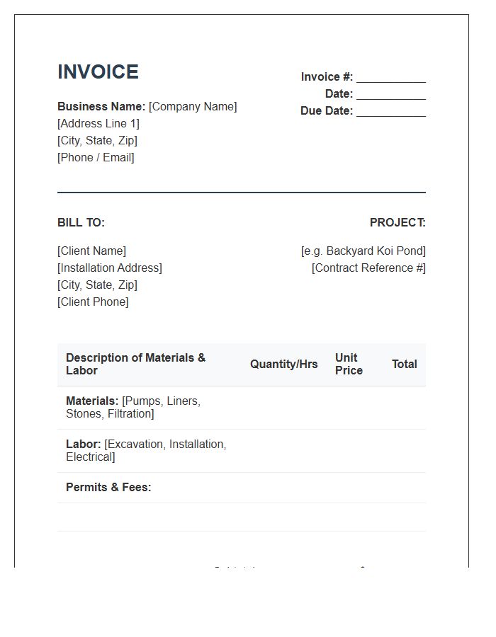 Water Feature Installation Invoice Template