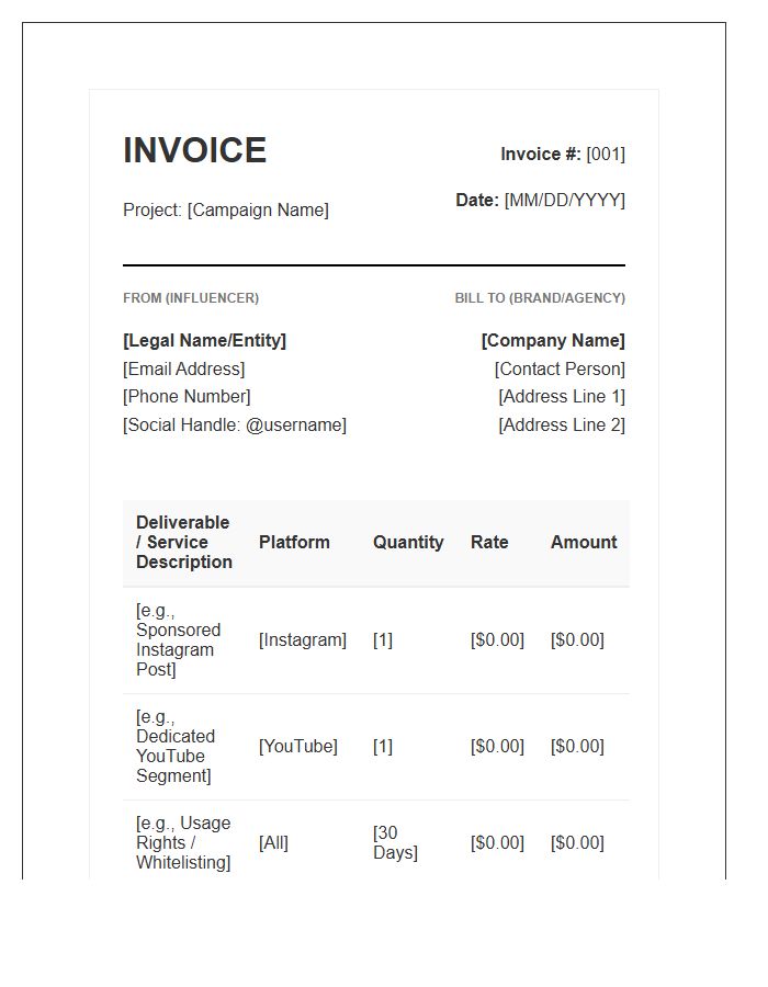 Influencer Marketing Collaboration Project Invoice Template