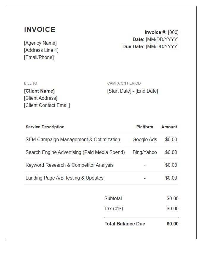 Search Engine Marketing Monthly Invoice Template