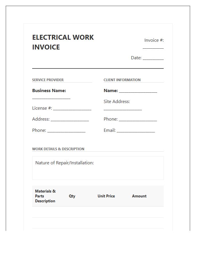 Detailed Electrician Repair Work Invoice Template