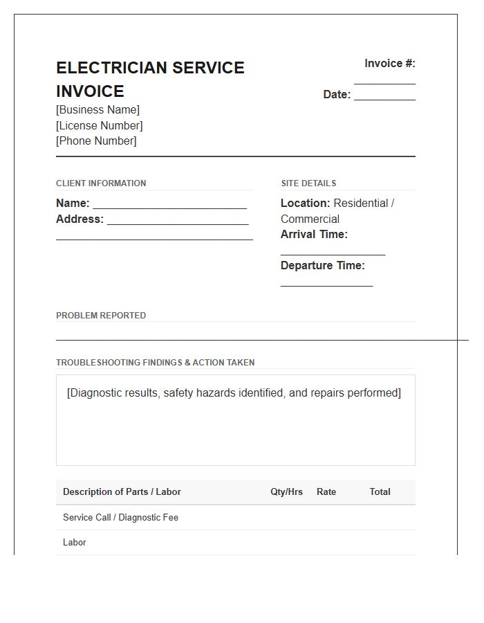 Electrician Troubleshooting Service Invoice Template
