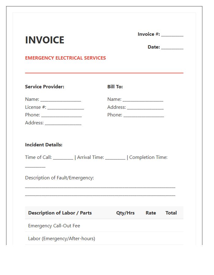 Emergency Electrician Repair Invoice Template