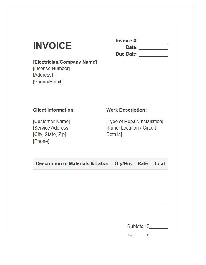 Home Electrical System Repair Invoice Template