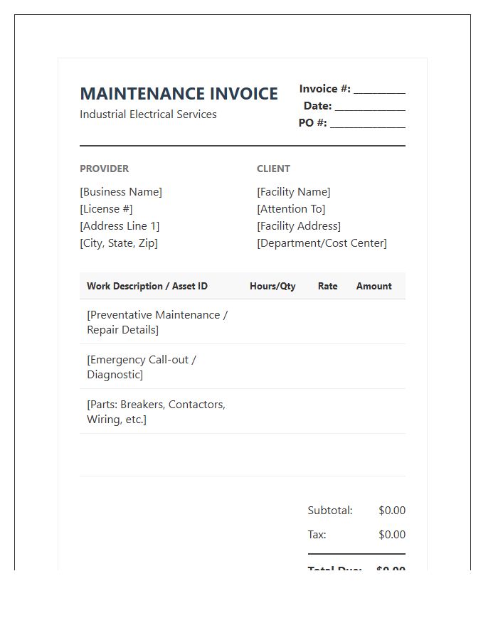 Industrial Electrician Maintenance Invoice Template
