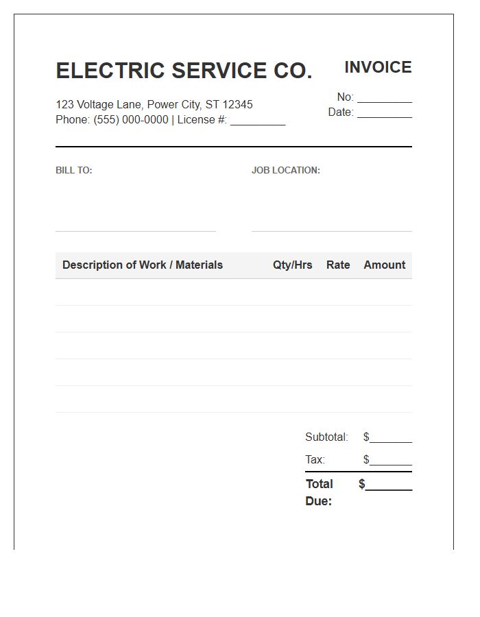 Licensed Electrician Service Invoice Template
