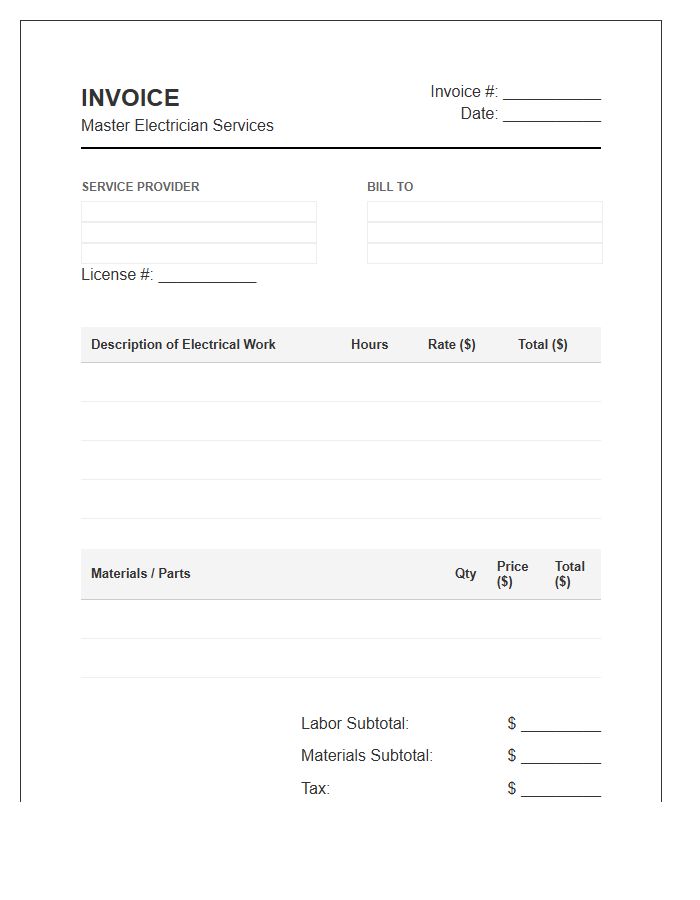 Master Electrician Hourly Billing Invoice Template