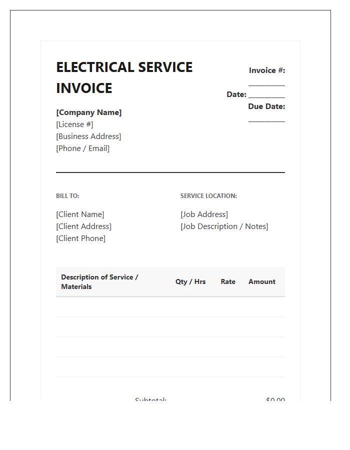 Professional Electrical Repair Job Invoice Template