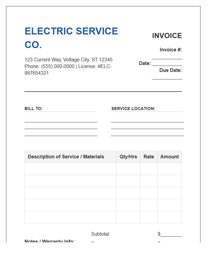 Residential Electrician Repair Service Invoice Template
