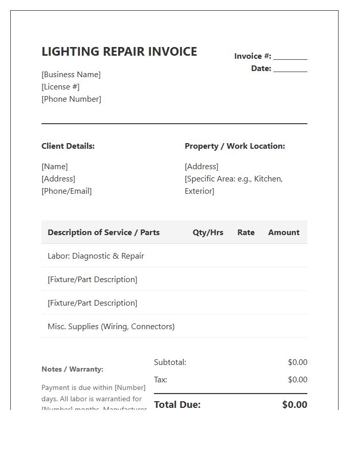 Residential Lighting Repair Invoice Template
