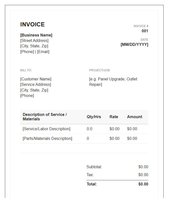 Small Business Electrical Repair Invoice Template