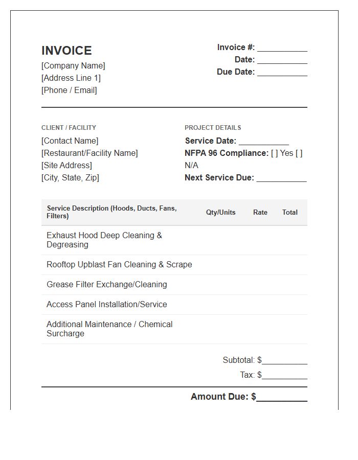 Commercial Kitchen Degreasing Project Invoice Template